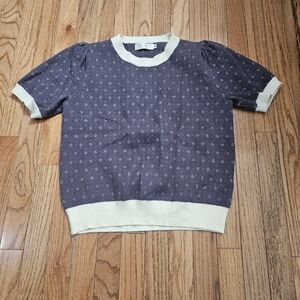 Knit Mix Short Sleeve Knit Sweater Top Charcoal Cream Trim Size M